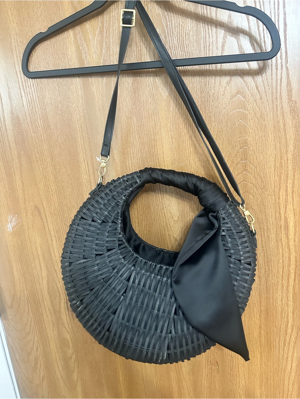 Black Crescent Woven Shoulder Bag with Satin Scarf Accent